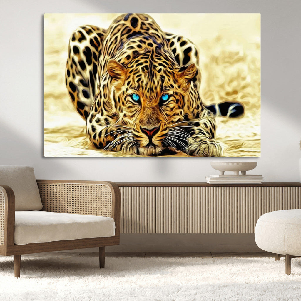 Blue-Eyed Leopard Canvas Wall Art, Framed Animal Print, Fierce and Bold Decor for Living Rooms