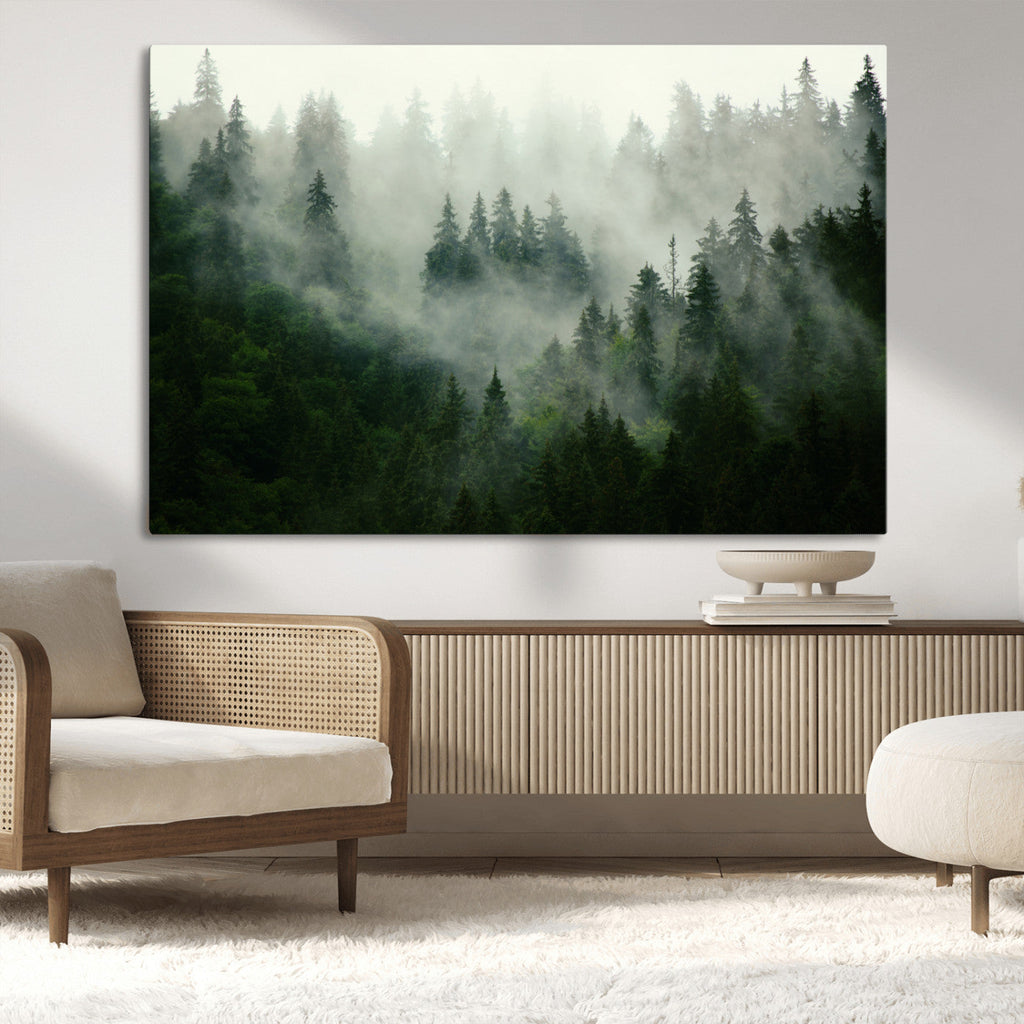 Misty Forest Wall Art | Tranquil Green Woodland Canvas Print