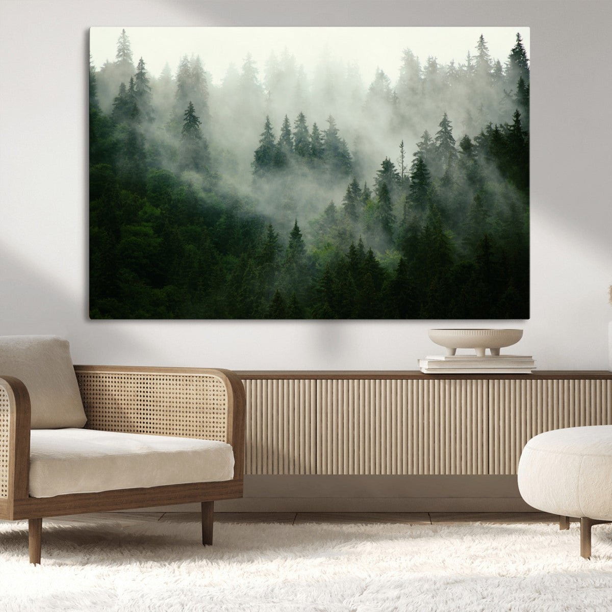 Misty Forest Wall Art | Tranquil Green Woodland Canvas Print