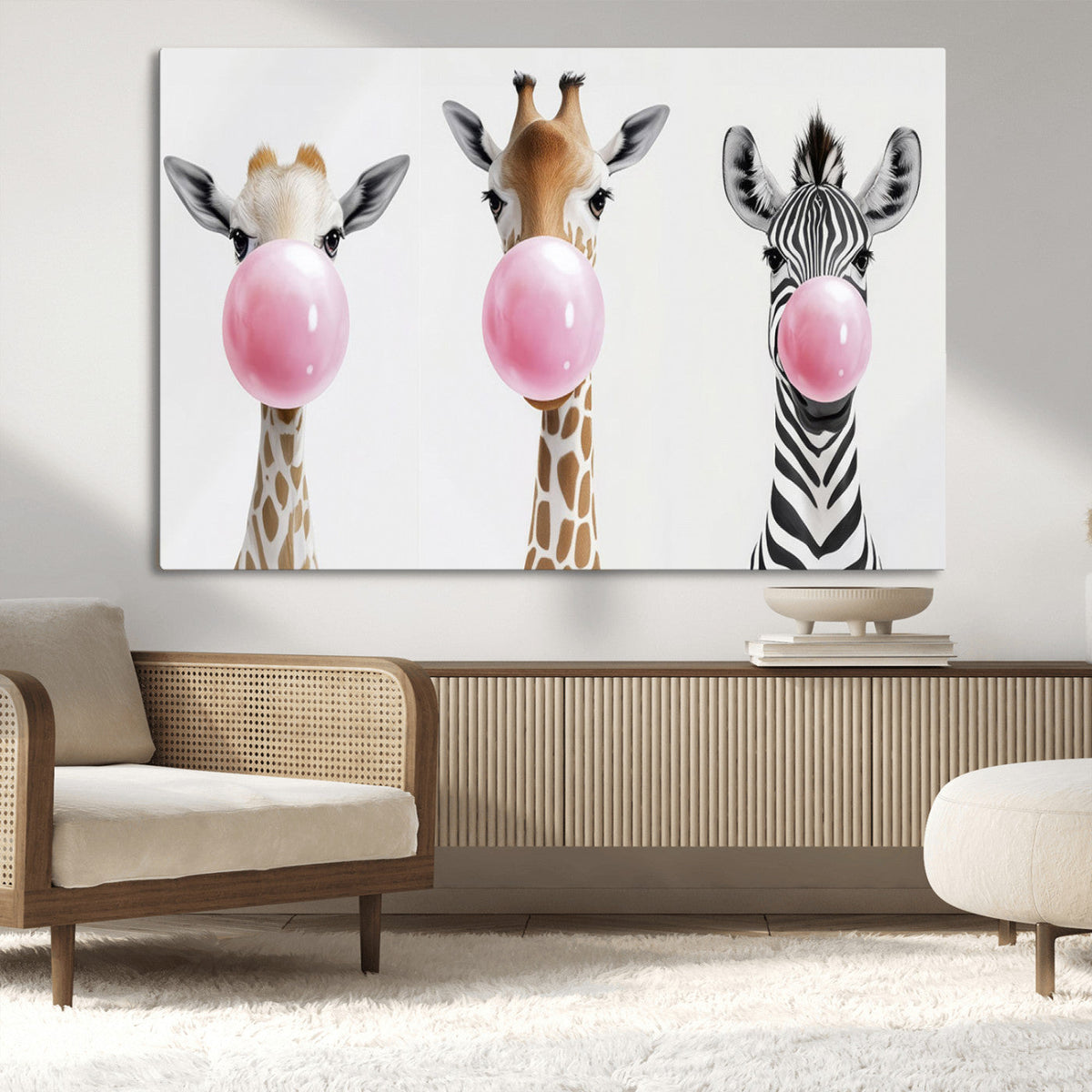 Bubblegum Animals Canvas Wall Art, Playful Giraffe and Zebra Trio, Whimsical Nursery and Kids Room Decor