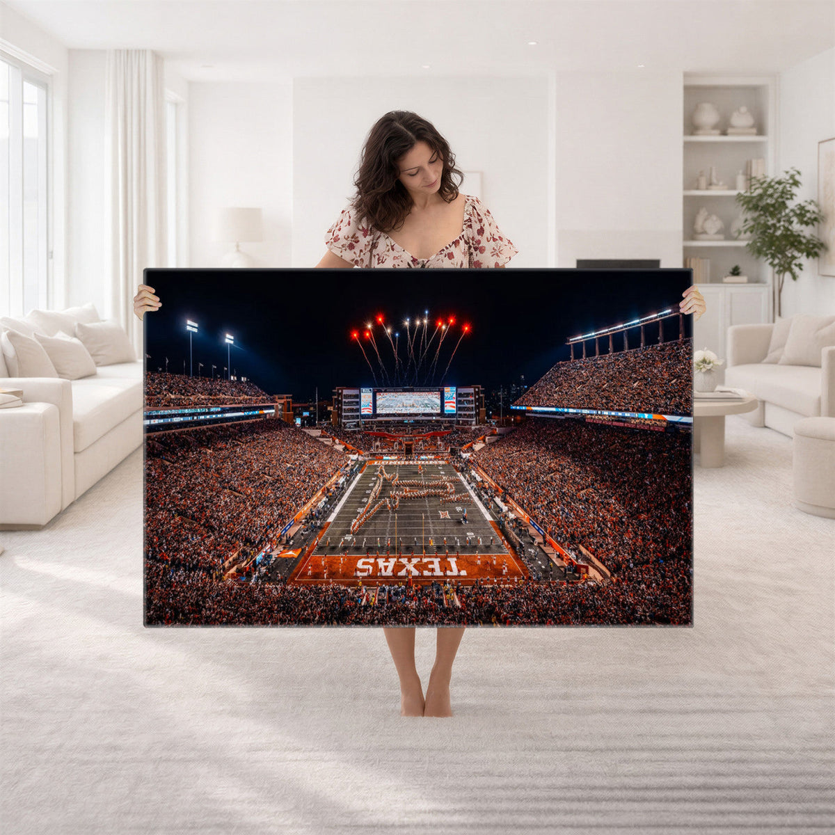 Texas Stadium Night Game Wall Art Canvas Print, Vibrant Football Fireworks Scene