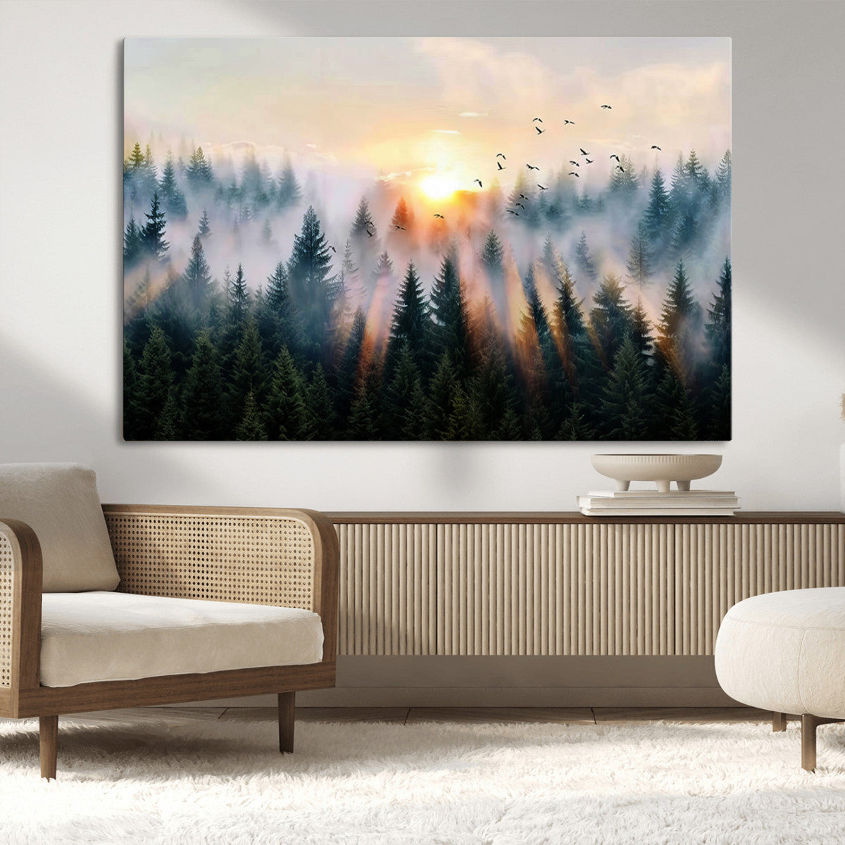 Abstract Forest Wall Art, Serene Nature Canvas Print with Misty Forest Design for Modern Home Decor