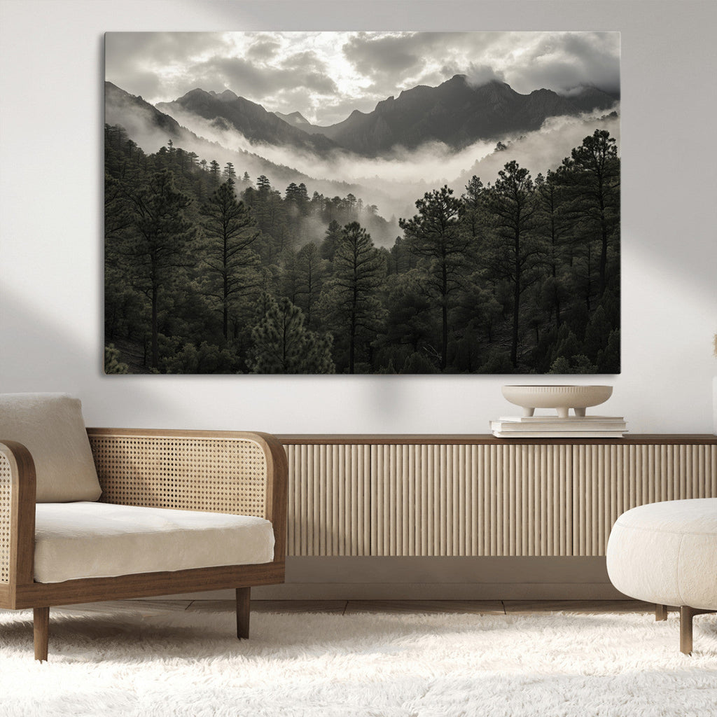 Moody Forest Wall Art | Framed Mountain Fog Canvas Artwork