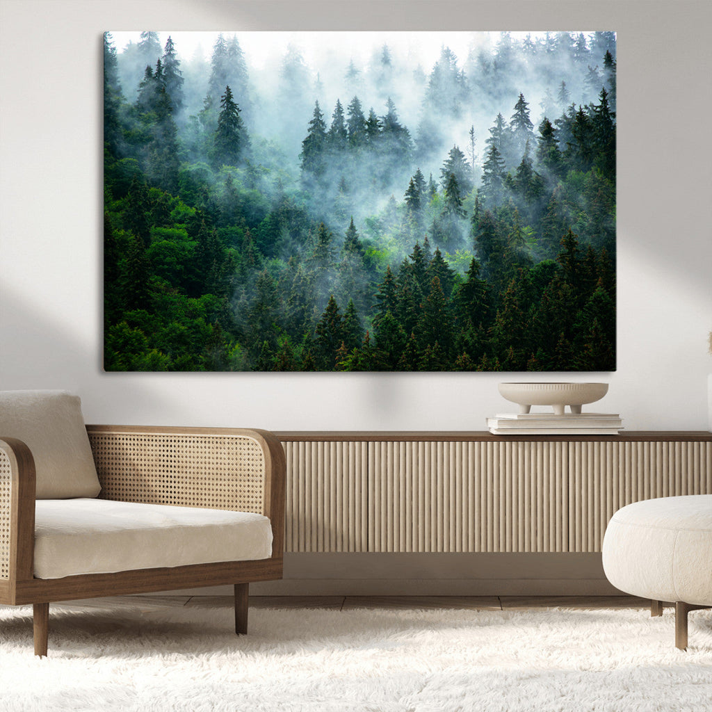 Misty Forest Wall Art Canvas Print, Framed Foggy Mountain Art, Large Scenic Woodland Canvas