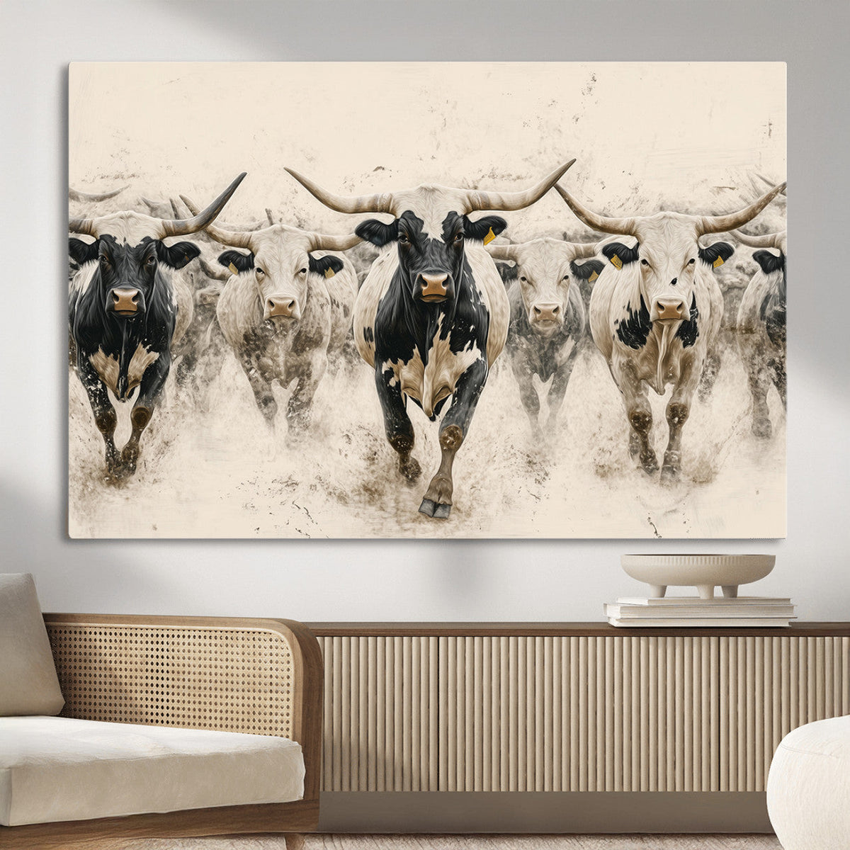 Texas Longhorn Wall Art | Framed Cattle Walking Canvas