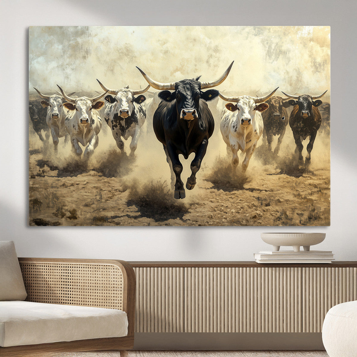 Texas Longhorn Wall Art | Framed Charging Cattle Canvas