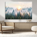 Misty Pine Forest Wall Art Canvas, Sunrise Over Foggy Trees