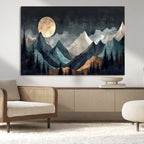 Moonlit Mountain Wall Art Canvas Print, Framed Silhouetted Pines Art, Layered Peaks Rustic Decor