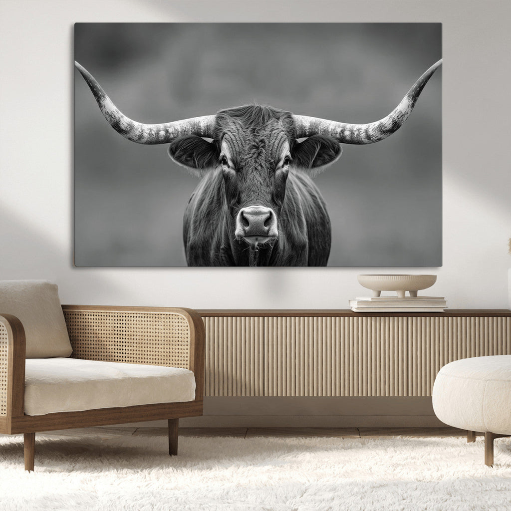 Texas Longhorn Wall Art Canvas Print, Framed Western Bull Photography, Rustic Log Cabin Decor