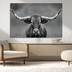 Texas Longhorn Wall Art Canvas Print, Framed Western Bull Photography, Rustic Log Cabin Decor