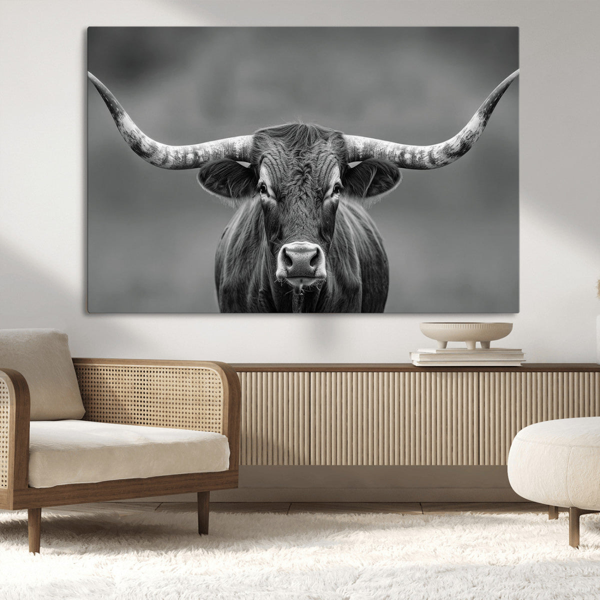 Texas Longhorn Wall Art Canvas Print, Framed Western Bull Photography, Rustic Log Cabin Decor