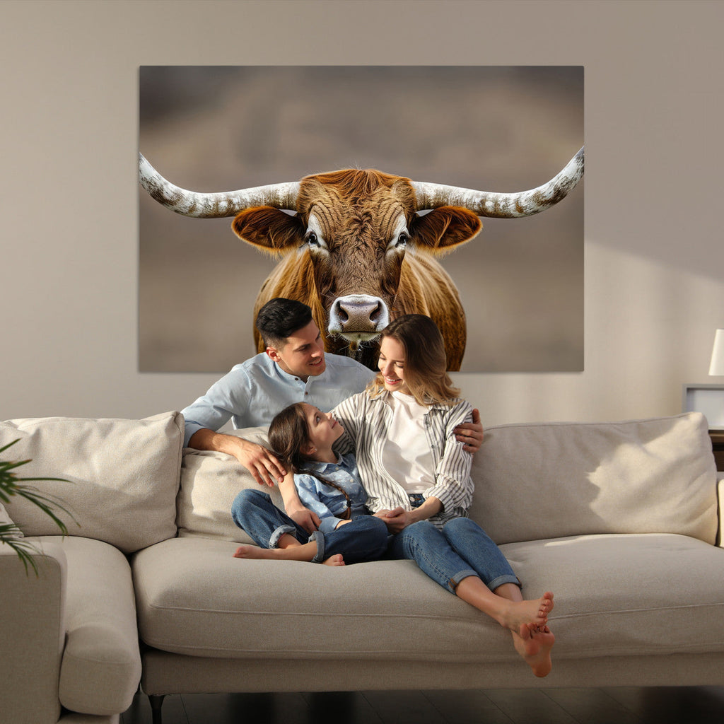 Texas Longhorn Wall Art Canvas Print | Rustic Brown Bull Western Decor