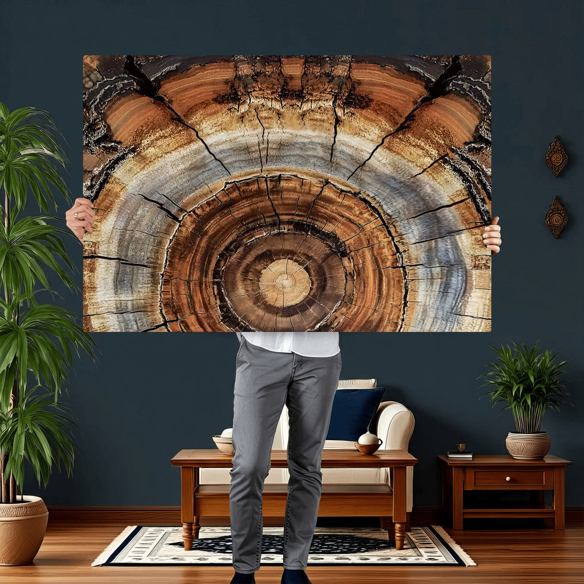 Tree Rings Wall Art Canvas Print, Rustic Wood Grain