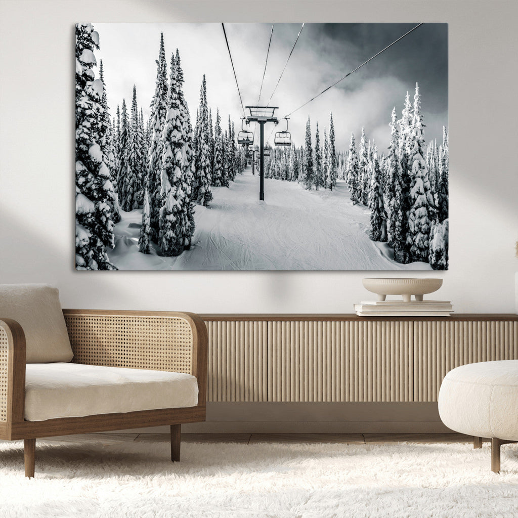 Snowy Pines Wall Art Canvas Print | Ski Lift in a Winter Forest