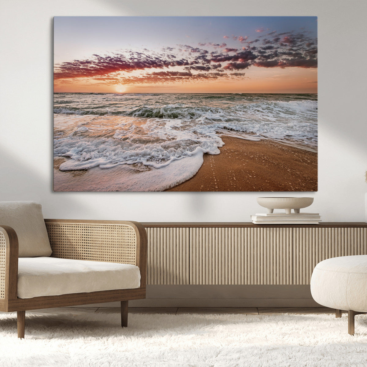 Ocean Sunset Wall Art Canvas Print | Sandy Shore and Gentle Waves