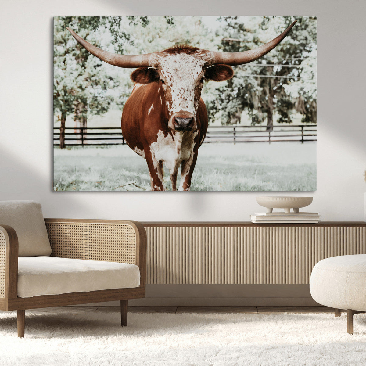 Texas Longhorn Wall Art Canvas Print | Framed Spotted Brown and White Bull