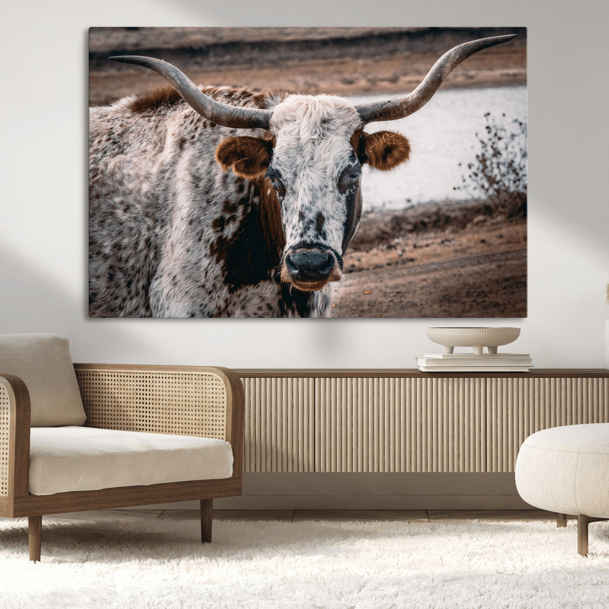 Texas Longhorn Wall Art Canvas Print | Framed Brown and White Spotted Longhorn