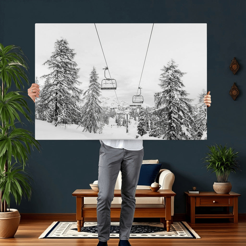 Ski Lift Wall Art | Framed Snowy Mountain Canvas Artwork