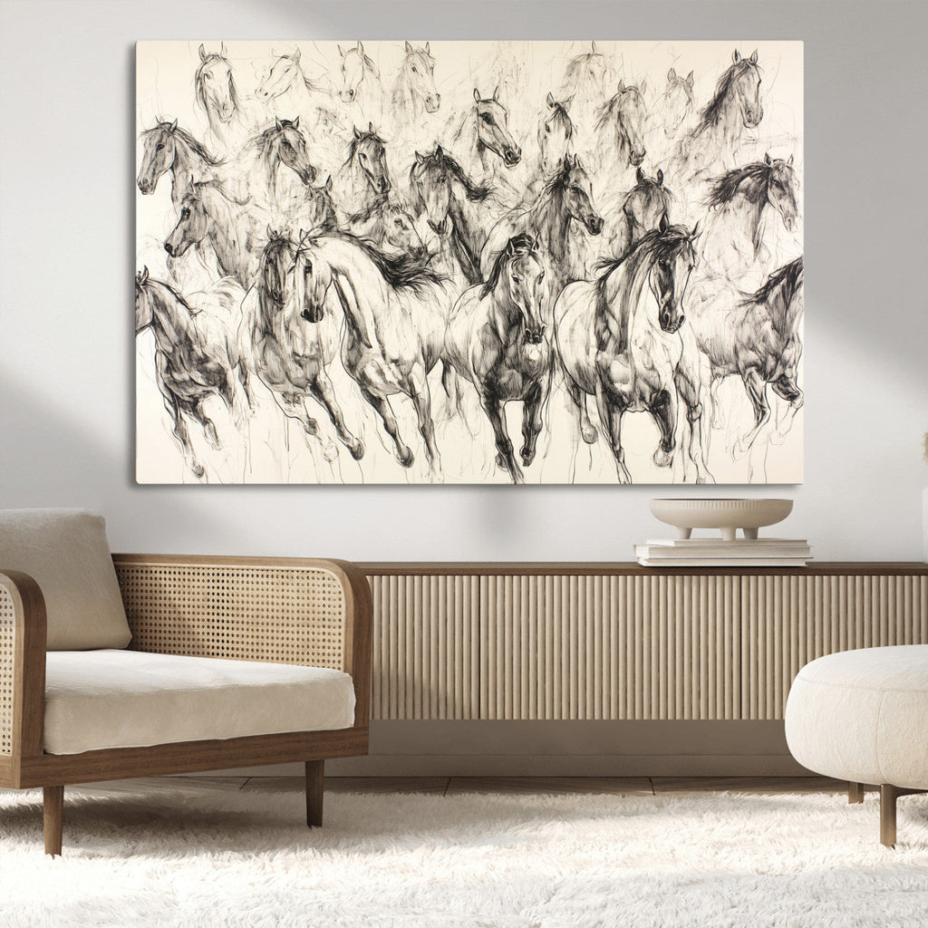 Abstract Horse Wall Art Canvas Print, Framed Horse Sketch with Galloping Herd