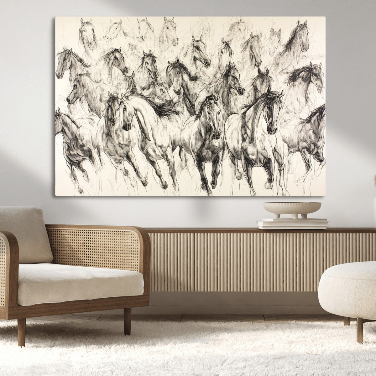Abstract Horse Wall Art Canvas Print, Framed Horse Sketch with Galloping Herd