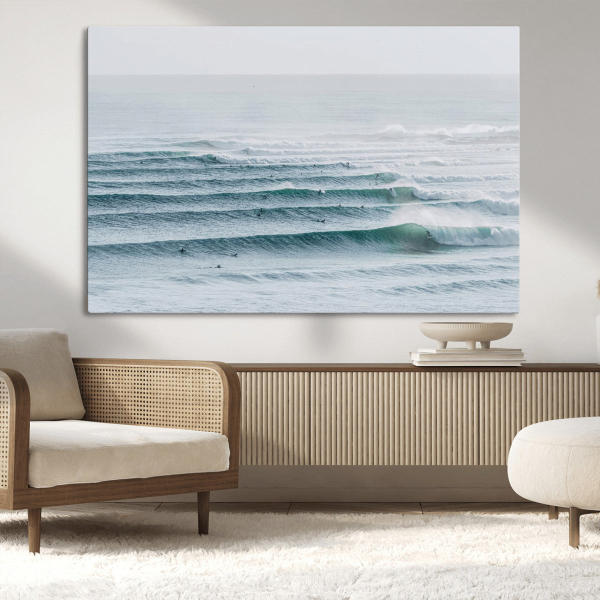 Ocean Waves Wall Art Canvas Print, Framed Surfer Lineup on a Crowded Ocean