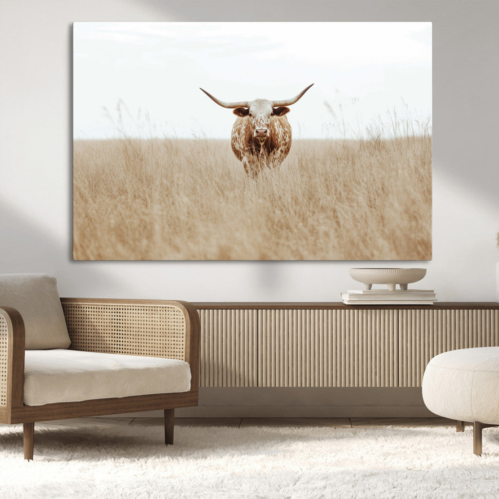Texas Longhorn Wall Art Canvas Print, Framed Lone Cattle and Longhorn Bull Scene
