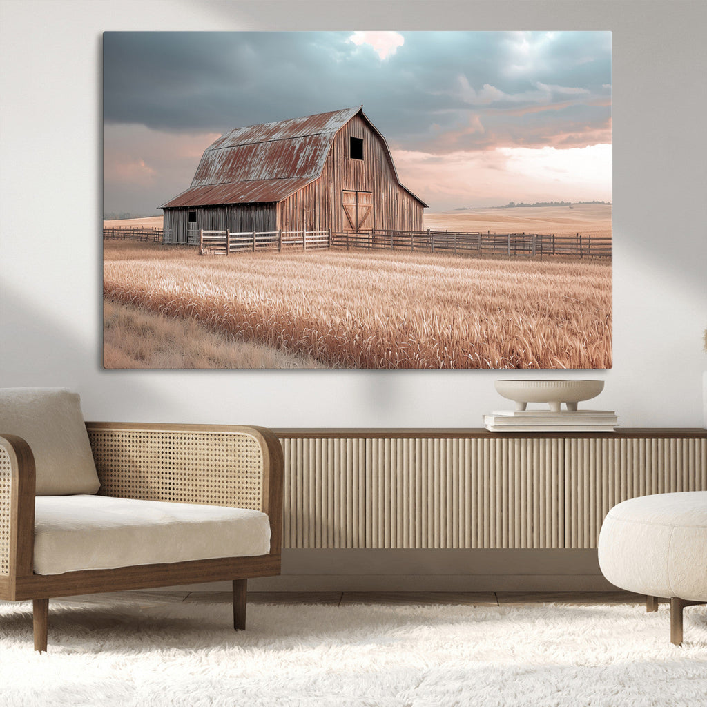 Rustic Barn Wall Art Canvas Print, Framed Wheat Field Scene