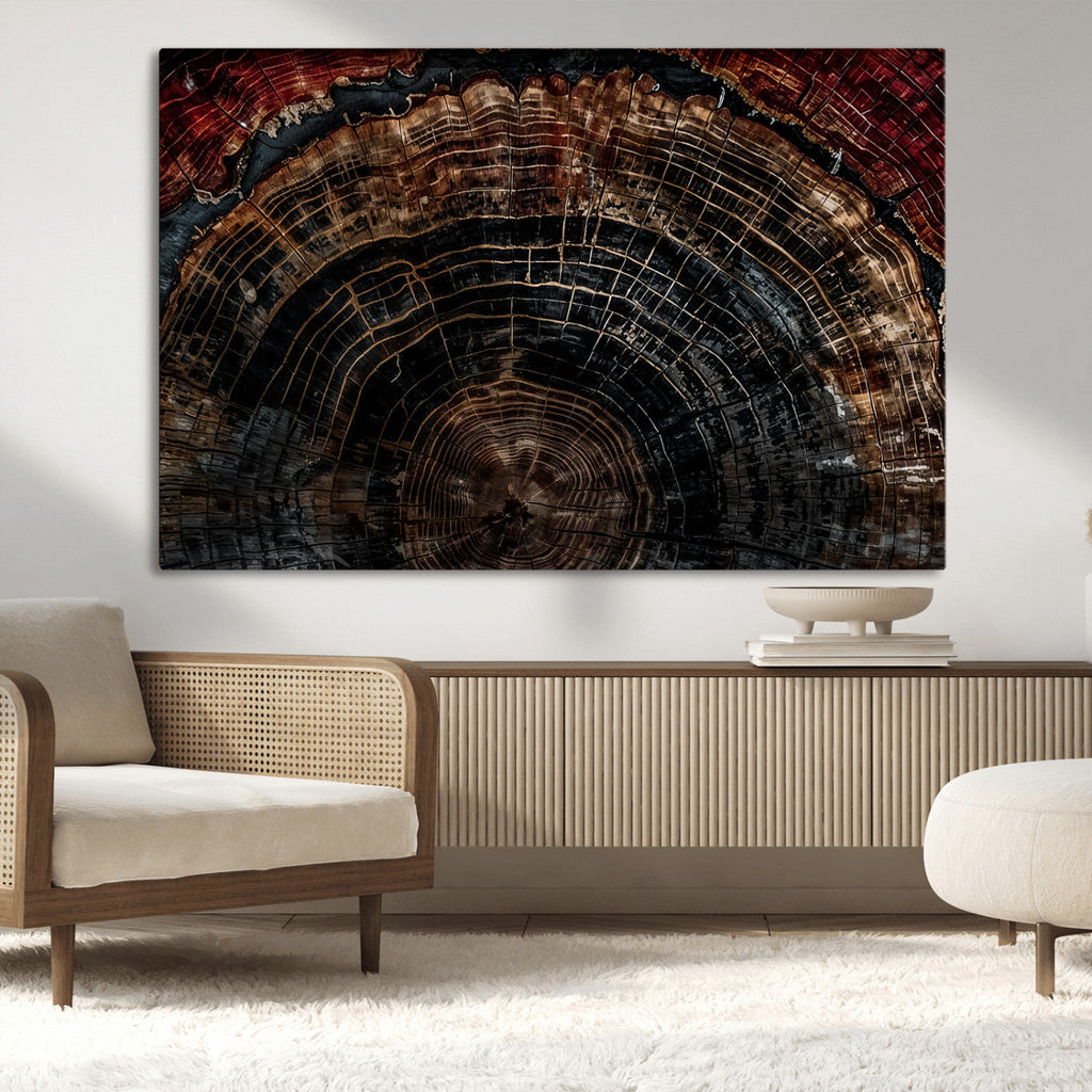 Dark Wood Ring Wall Art Canvas Print, Framed Abstract Tree Slice Print, Rustic Wood Grain Decor