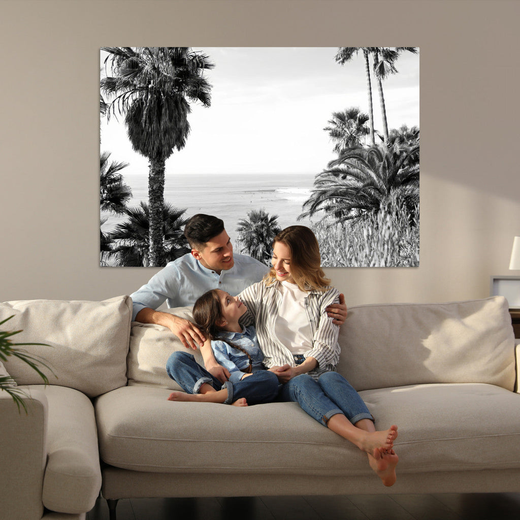 Palm Trees Wall Art Canvas Print, Framed Coastal Ocean Horizon Monochrome Art