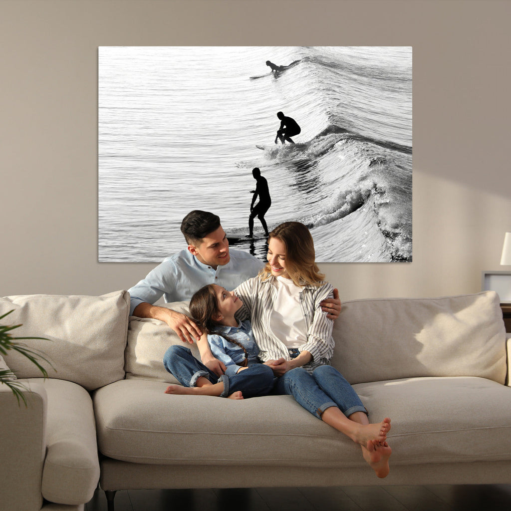 Surfers on Waves Wall Art Canvas Print | Framed Black and White Surf
