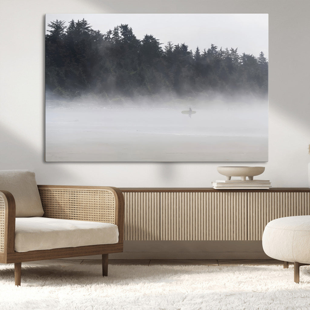 Surfer Fog Wall Art Canvas Print, Framed Foggy Beach and Coastal Surf Scene