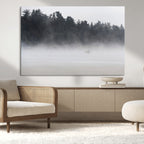 Surfer Fog Wall Art Canvas Print, Framed Foggy Beach and Coastal Surf Scene