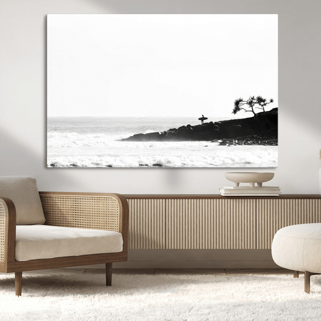 Surfer Cliffs Wall Art Canvas Print, Framed Black White Beach and Ocean Waves