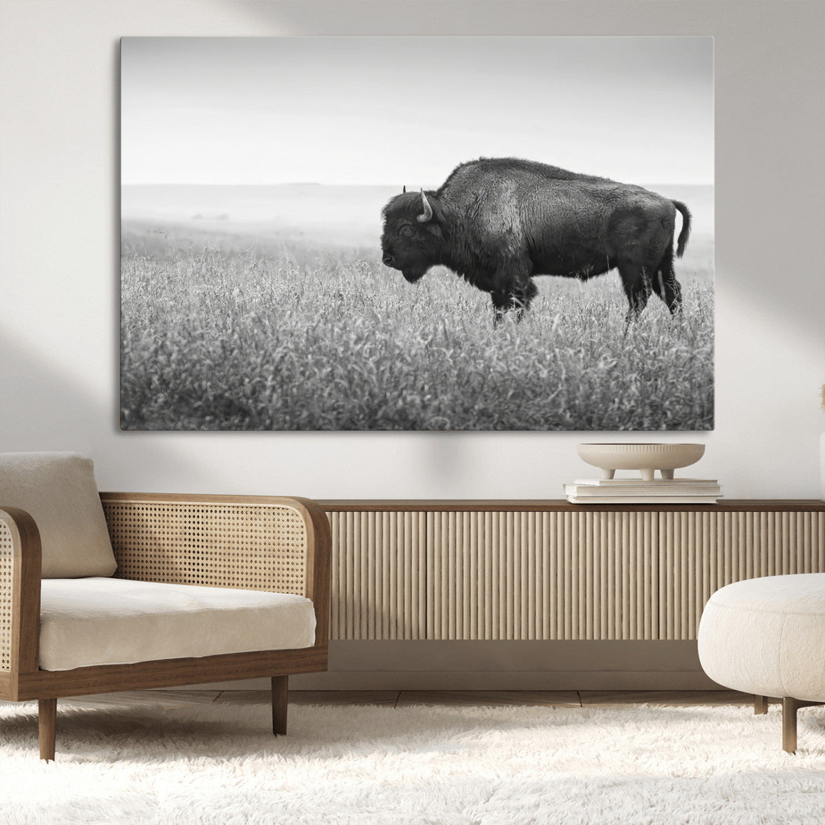 Bison Wall Art Canvas Print, Framed Rustic Wildlife Scene with Wild Buffalo