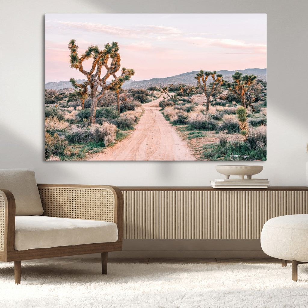 Joshua Tree Wall Art Canvas Print, Framed Desert Road Scene at Sunset