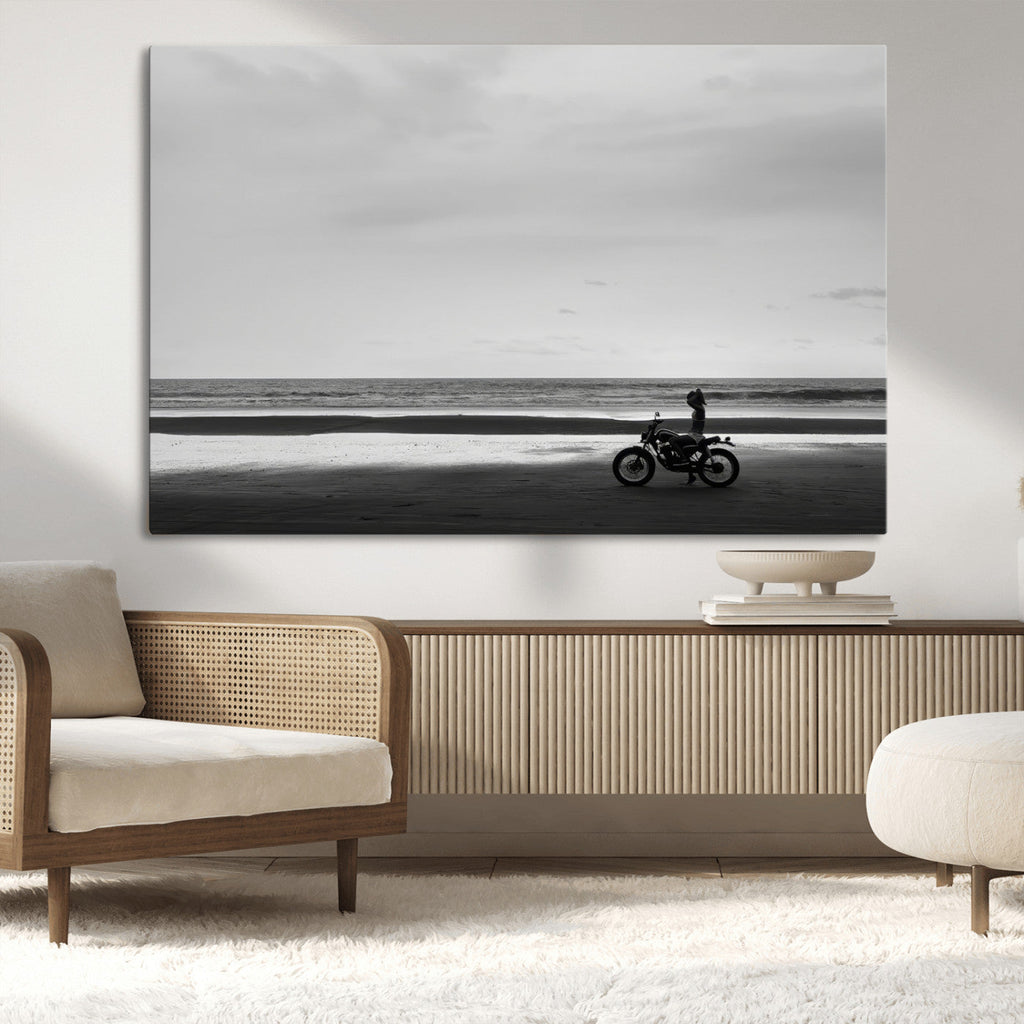 Motorcycle Beach Wall Art Canvas Print, Framed Vintage Motorcycle and Biker Silhouette