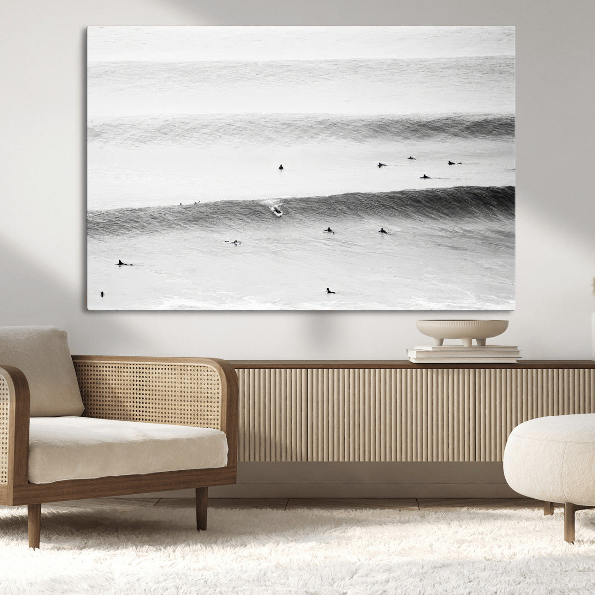 Black White Ocean Wall Art Canvas Print, Framed Coastal Sport and Ocean Swimmers Scene
