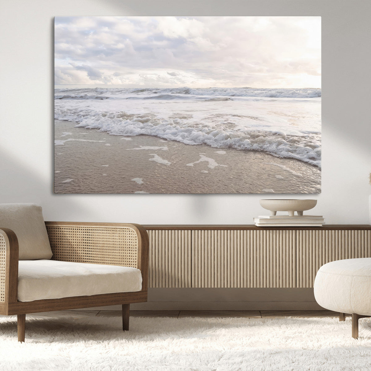 Ocean Waves Wall Art Canvas Print, Framed Coastal Shoreline Sea Foam Artwork