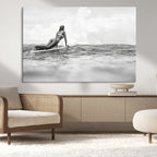 Black and White Surfing Wall Art Canvas Print, Framed Ocean Horizon Surfer Girl
