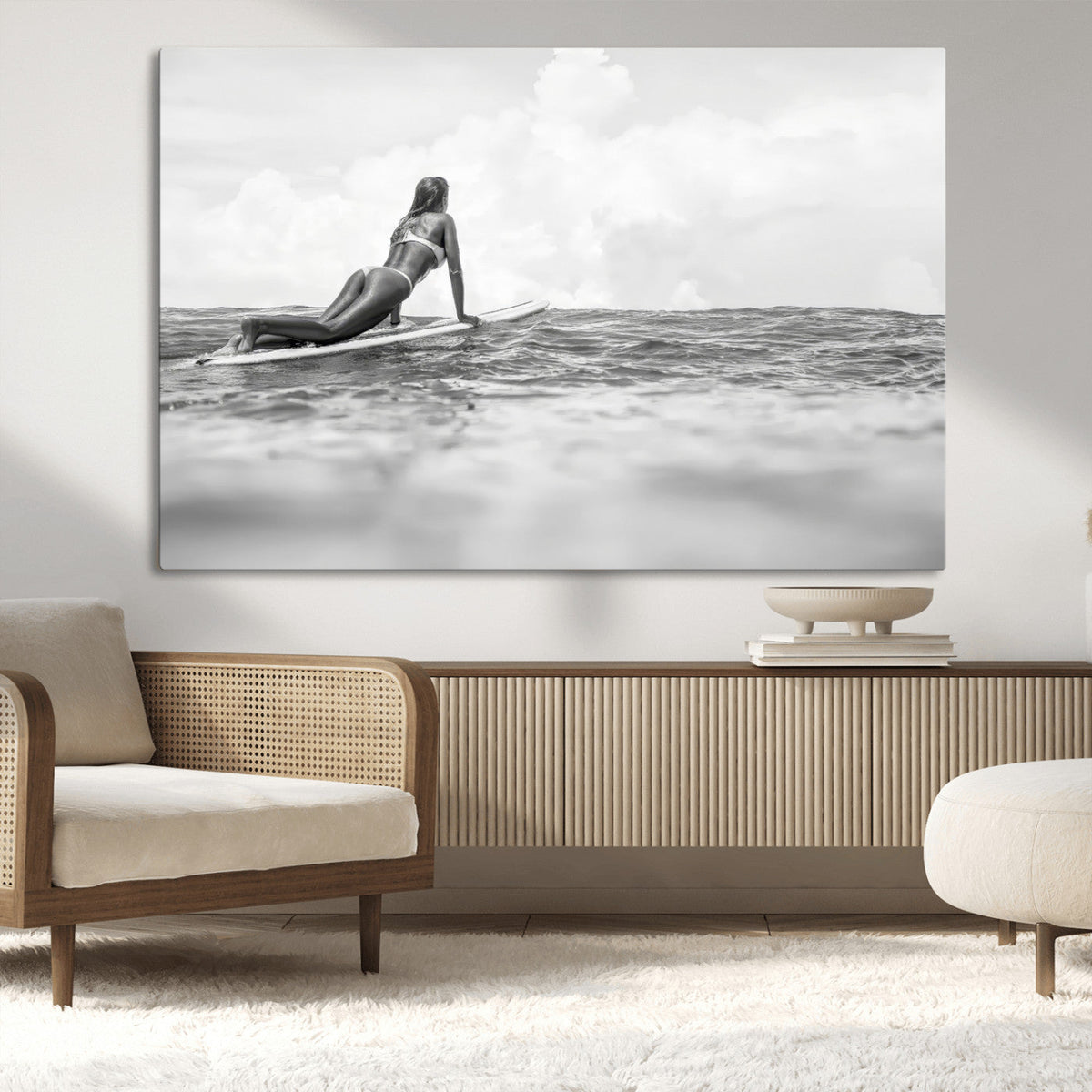 Black and White Surfing Wall Art Canvas Print, Framed Ocean Horizon Surfer Girl
