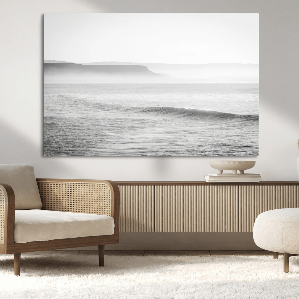Black and White Seascape Wall Art Canvas Print, Framed Misty Ocean Waves