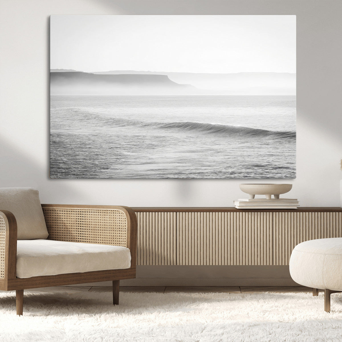 Black and White Seascape Wall Art Canvas Print, Framed Misty Ocean Waves