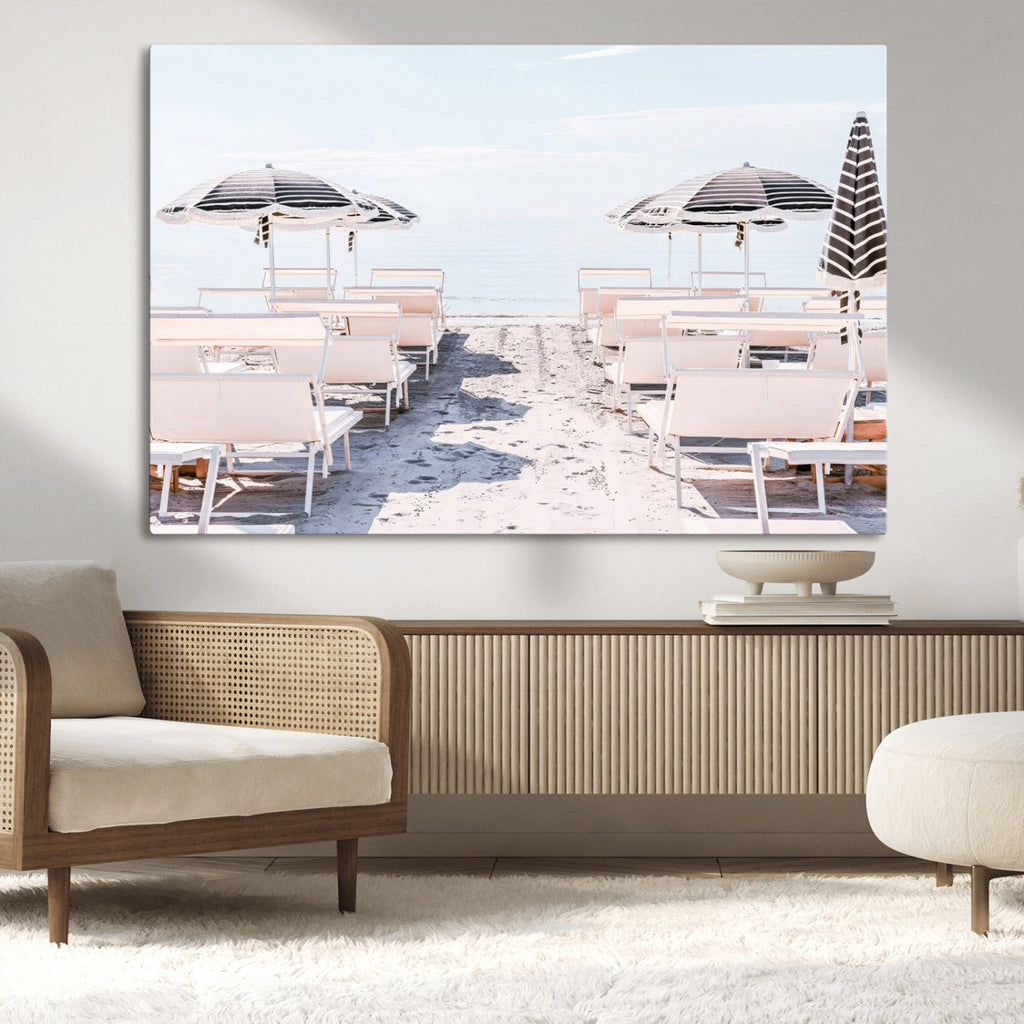 Minimalist Beach Wall Art Canvas Print, Framed Pastel Sand and Striped Umbrella Artwork