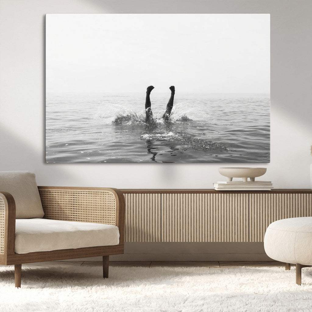 Black White Ocean Wall Art Canvas Print, Framed Monochrome Diving into Water Artwork