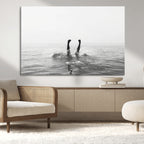Black White Ocean Wall Art Canvas Print, Framed Monochrome Diving into Water Artwork