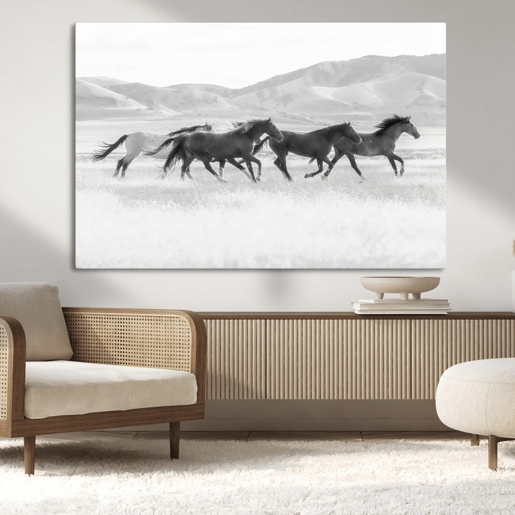 Wild Horses Running Wall Art Canvas Print, Framed Black White Mustangs Artwork