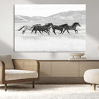 Wild Horses Running Wall Art Canvas Print, Framed Black White Mustangs Artwork