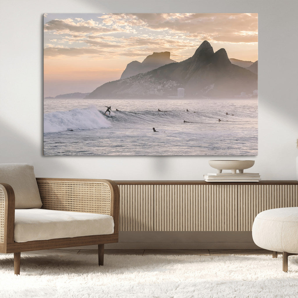 Sunset Surfing Wall Art Canvas Print, Framed Misty Mountains and Surfer Riding a Wave