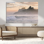Sunset Surfing Wall Art Canvas Print, Framed Misty Mountains and Surfer Riding a Wave