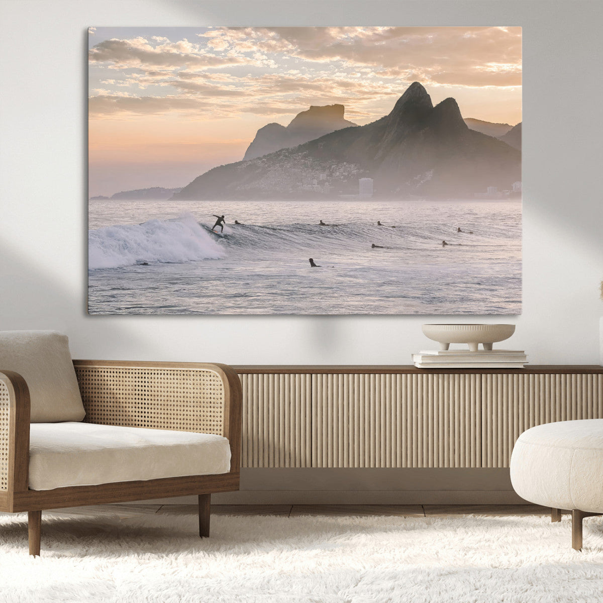 Sunset Surfing Wall Art Canvas Print, Framed Misty Mountains and Surfer Riding a Wave